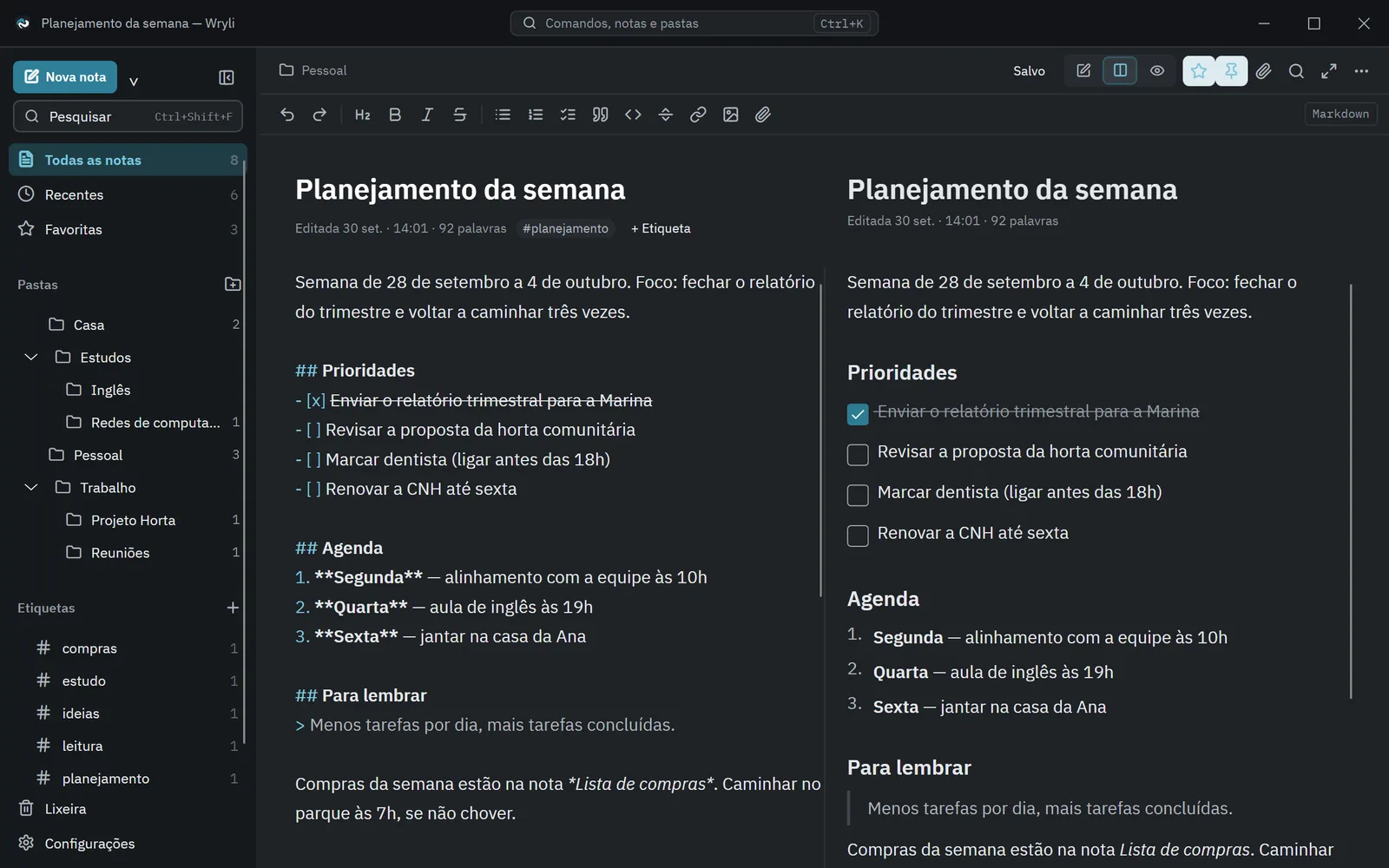 Wryli no modo Dividir: Markdown à esquerda e texto formatado à direita