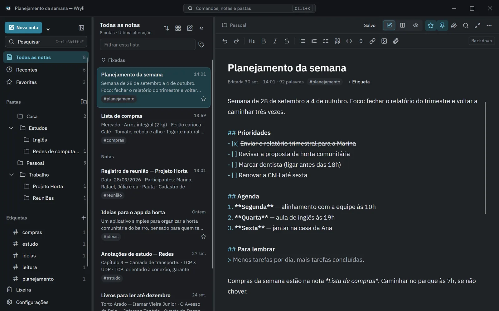 Wryli no modo Editar: nota em Markdown com pastas e etiquetas