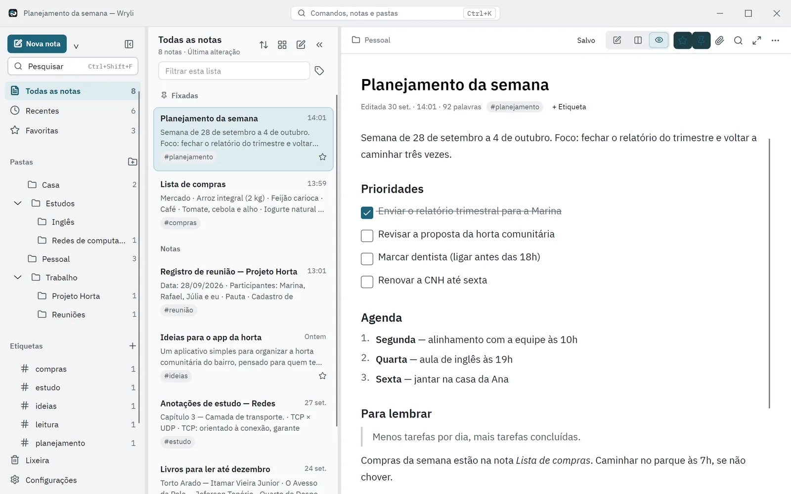 Wryli no modo Ler: nota formatada em tema claro
